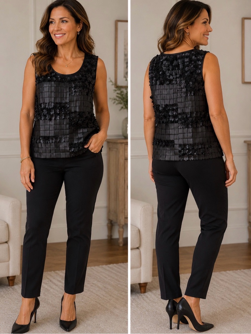 S.M. Collection Black Floral Appliqué Sleeveless Top XL